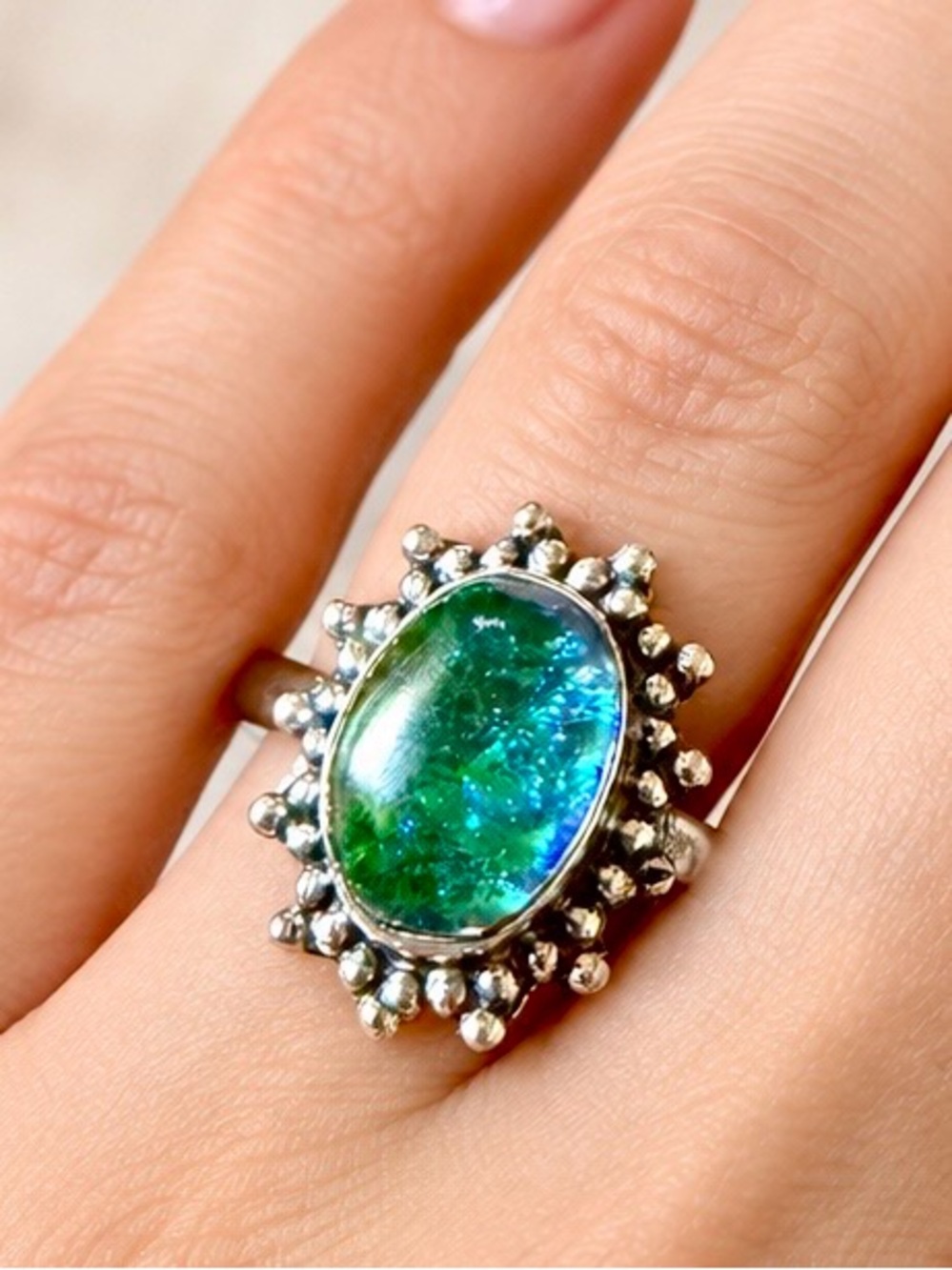 Vtg 925 Sterling Silver Ornate Halo Ring Sz 8 Oval Green Blue Faux Opal Cabochon